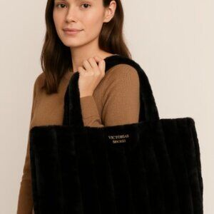 Victoria's Secret Black Faux Fur Tote 16” x 18”